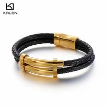 KALEN-pulsera de cuero de doble capa para hombre, brazalete de acero inoxidable de color negro dorado, accesorios de joyería Vintage, 21cm 2024 - compra barato