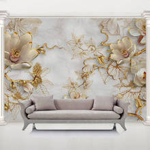Papel de parede de mármore e flor de magnólia em relevo 3d, papel de parede para sala de estar, sala de tv, sofá, mural de luxo, decoração de casa 2024 - compre barato