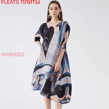 Spring New Printed Round Neck Pleated Dress Middle Sleeves and Loose Big Swing Dress MIYAKE Pleats Vestido Elegant 2024 - buy cheap