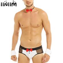 iiniim Mens Lingerie Set Night Cosplay Costume See Through Mesh Butt Splits Briefs Underwear with Bow Tie and Cuffs 2024 - buy cheap