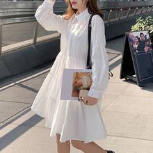 Vestido coreano lindo feminino manga comprida gola virada para baixo cintura alta vestidos soltos vestidos casuais chique 2024 - compre barato