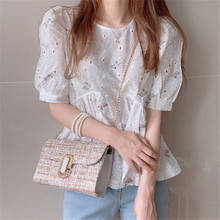 Estrangeiro kitty bordado floral crochê camisa 2021 novo verão estilo coreano elegante blusas brancas feminino puff manga solta topos 2024 - compre barato