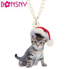 Bonsny Acrylic Christmas Hat American Short Hair Cat Kitten Necklace Pendant Chain Animal Jewelry For Women Girls Teens Kid Gift 2024 - buy cheap