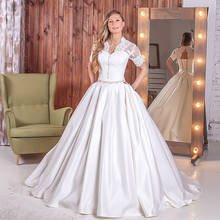 Custom Made Short Sleeve V-neck Open Back Lace Satin Ball Gown Wedding Dresses With Beaded Crystal Waist 2024 - buy cheap