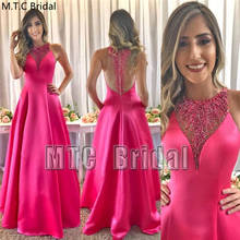 Fuchsia Luxury Crystal Long Evening Dress Sheer Back A Line Plus Size Satin Formal Dresses Customize Women Prom Party Gowns 2024 - buy cheap