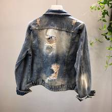 Appliques Flowers Beading Frayed Hole Denim Jacket Women Slim Fit Harajuku Single Breasted Long Sleeve Jeans Coat Ladies Fashion 2024 - buy cheap