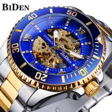 BIDEN-reloj automático con esfera de diamante y esqueleto azul, pulsera de acero inoxidable, resistente al agua, luminoso, de mano, mecánico 2024 - compra barato