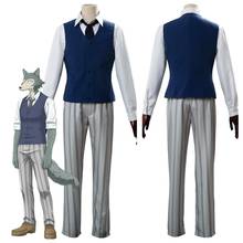 Fantasia de cosplay de beastars legoshi, roupa masculina de camisa branca, com colete azul, calças, fantasia de dia das bruxas 2024 - compre barato