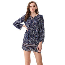 viscose floral print blue women dress  vintage ethnic style long sleeve beach dresses M30552 2024 - buy cheap