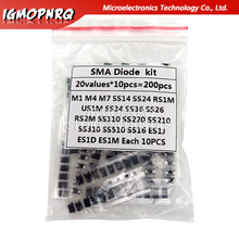 Kit de diodo smd sortido, 20 valor * 10 peças = 200 peças contém ss110 ss220 ss210 ss310 ss510 ss16 ss26 ss34 ss36 es1j es1d m7 m4 us1m 2024 - compre barato