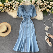 Retro denim dress V-neck waist slimming maxi long split dress female summer dress 2021 new style jean dresses short sleeve kleid 2024 - buy cheap