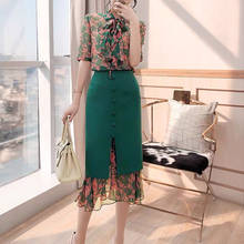 Conjunto de traje de diseñador de moda para mujer, blusa Vintage con estampado de lazo y falda de sirena de retazos verde, alta calidad, novedad de 2021 2024 - compra barato