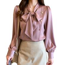 women fashion Long sleeve V-neck Solid color Bow ribbon tied Button decoration career elegant Spring summer Lady shirts tops 2024 - buy cheap