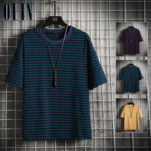 2021 Striped T Shirt For Men Fashion T shirts Male Tees Casual Japanese Tops Summer Short Sleeve Oversized Cotton Hip Hip Tshirt 2024 - купить недорого