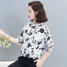 Off Shoulder Women Spring Summer Style Chiffon Blouses Shirts Lady Casual Half Sleeve Stand Collar Cat Printed Blusas Top ZZ0754 2024 - buy cheap