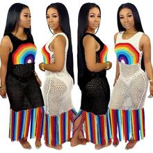 Rainbow Tassel Sexy Beach Boho Swimsuit Dress Women Fishnet Hollow Out See Through Summer O Neck Sleeveless Bandage Maxi Robe 2024 - buy cheap