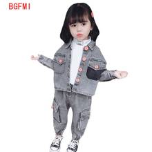 Baby Girls Gray Clothes Sets 1-7 Years Old Spring  Autumn 2 Pcs Sets Denim Large Pocket Wash Color Button Printing Fashion  Set 2024 - buy cheap
