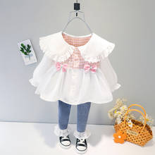 Baby girl clothes spring autumn new fashion lapel plaid cotton blouse lace trim jeans 2-piece suit girl suit children's clothing 2024 - buy cheap