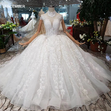 HTL178 2019 Роскошные бальные платья, свадебные платья с коротким рукавом, высоким воротом и аппликацией на шнурках, платья для принцесс с длинным шлейфом 2024 - купить недорого