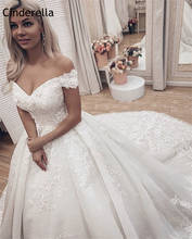 Cinderela vestido de noiva florido feito à mão, decote em v ombro, linha a macia, tule, aplique de renda, cristal, vestidos de noiva 2024 - compre barato