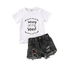 1-6Y Lovely Infant Baby Girls Clothes Sets Letter Print Short Sleeve T Shirts Tops+Denim Shorts 2pcs 2024 - buy cheap