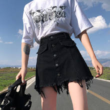 Mulheres Denim Saia de Verão Saia Jeans Preta Harajuku Senhoras Uma Linha de Jeans Botão Saia De Cintura Alta Bolsos Denim Saia curta 2020 2024 - compre barato