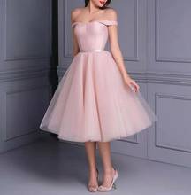 Short Pink A-Line Tulle Evening Dresses off Shoulder Tea Length Corset Back Pleated Abendkleider Formal Party Gowns for Women 2024 - buy cheap