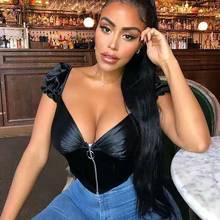 Women Sexy V-neck Backless Top Fashion Short Sleeve Zipper Solid Color Crop Tops for Women Ladies 2024 - buy cheap