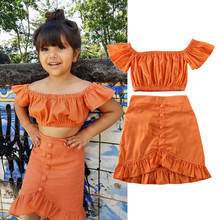 2020 Summer Kids Baby Girl Solid Orange Sets Off Shoulder Crop Tops Ruffled Midi Skirt 2Pcs Fashion Child Girl Clothes Sets 1-6Y 2024 - buy cheap