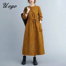 Uego весеннее платье с длинным рукавом с цветочным принтом, хлопковое винтажное китайское платье, Осеннее женское повседневное платье, женское длинное платье 2024 - купить недорого