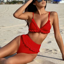 Bikini de cintura alta para mujer, traje de baño de dos piezas con volantes, Color rojo, para playa, 2021 2024 - compra barato