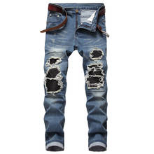 Calça jeans masculina rasgada, calça jeans de hip hop punk skinny com rasgos diesel calça reta preta 42 2024 - compre barato