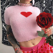 Harajuku Y2k Sweet Knit Furry Crop Tops Heart Print Women Pink O-Neck Slim Short T-shirts Summer Fashion Cute Short Sleeve Tees 2024 - buy cheap