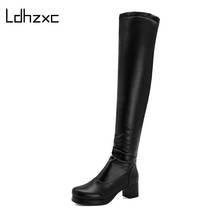 LDHZXC Black Thigh High Boots For Plus Size Women Faux Suede Slim Over The Knee Boots Winter Thick Heel Stretch Fabric Hot Sale 2024 - купить недорого