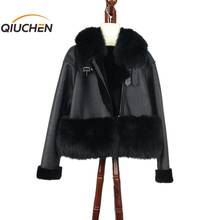 PJ8024-abrigo de Chaqueta de piel de oveja de alta calidad para mujer, abrigo de piel de zorro con cuello de piel de oveja auténtica, moda 2020 2024 - compra barato