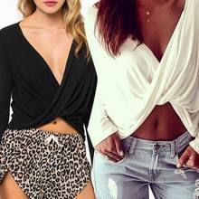 2020 Spring Autumn  Fashion Sexy Women Solid Color Long Sleeve V Neck Front Cross Loose T-shirt Crop Top woman cloth 2024 - buy cheap