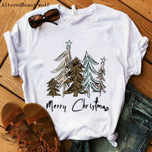 Christmas t shirt women summer casual short sleeve white tshirt women pine tree print christmas t shirt female vogue o-neck tops 2024 - buy cheap