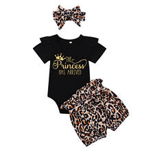 Bebê recém-nascido meninas 3 peças conjunto de roupa manga curta carta impressão macacão + leopardo shorts + conjunto de bandana 2024 - compre barato