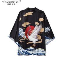 Estilo japonês guindaste imprimir onda quimono camisa cardigan dos homens das mulheres yukata haori obi roupas tradição vintage blusa roupas de praia 2024 - compre barato