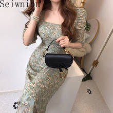 Vestido de gasa Floral para mujer, elegante Vestido coreano suave ajustado a la cadera con cuello cuadrado, manga plisada, con cordones, Vintage 2024 - compra barato