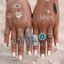 Anéis geométricos de pedra azul vintage para mulheres, boêmio, flores, cristal, juntas, jóias, cor prata, boêmio 2024 - compre barato