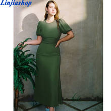 Vestido midi elegante de gasa para mujer, prenda de primavera y verano, con cuello redondo, color verde, Estilo Vintage 2024 - compra barato