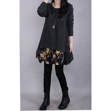 Autumn winter dress two-piece large size women's cotton linen knitted loose dress floral stitching hook flower hollow A697 2024 - buy cheap