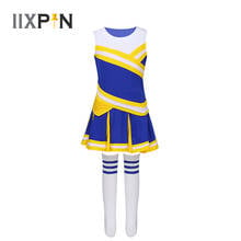 Fantasia infantil para dança de jazz, uniforme de cheerleading escolar para cosplay, vestido sem mangas com saia plissada, meias 2024 - compre barato