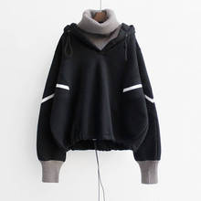 Moletom solto quente sólido gola alta com capuz moletom feminino casual japão streetwear menina inverno pulôver hoodies 2024 - compre barato