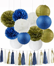 2 Sets Tissue Pom Poms Paper Lanterns Navy Blue White Gold Tassel Garland Balloons for Birthday Wedding Baby Shower Party Decor 2024 - buy cheap