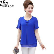 UHYTGF 5XL Plus Size Blouses Women's Fashion O-Neck Pullover Short Sleeve Summer T-Shirts Elegant Mother Loose Chiffon Tops 2013 2024 - buy cheap