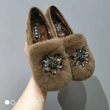 Fur Shoes woman slip on espadrilles bling crystal flower flats winter rabbit hair moccasins 2019 designer furry casual creepers 2024 - buy cheap