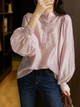 Blusa informal Coreana de Chifón con manga larga para primavera y otoño, camisa con cuello redondo y botones a rayas, SP1116 2024 - compra barato