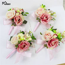 Meldel Groom Boutonniere Bride Wrist Corsage Artificial Silk Rose Flower Plastic Berry Girl Bracelet Men Corsages Wedding Decor 2024 - buy cheap